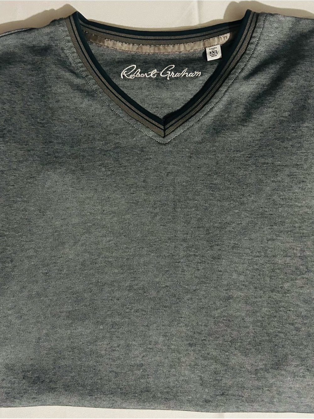 Robert Graham Men's V-Neck Shirt in Slate Grey with Navy Trim